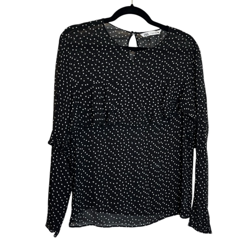 Zara Ruffle Polkadot Chiffon Top Blogger favorite Blouse large black white large